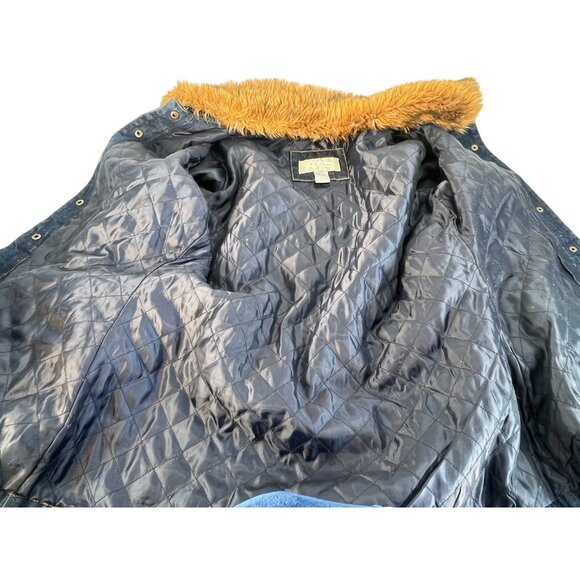 vintage y2k faux fur trim insulated‎ mid lengt denim coat jacket sz L - Picture 6 of 8